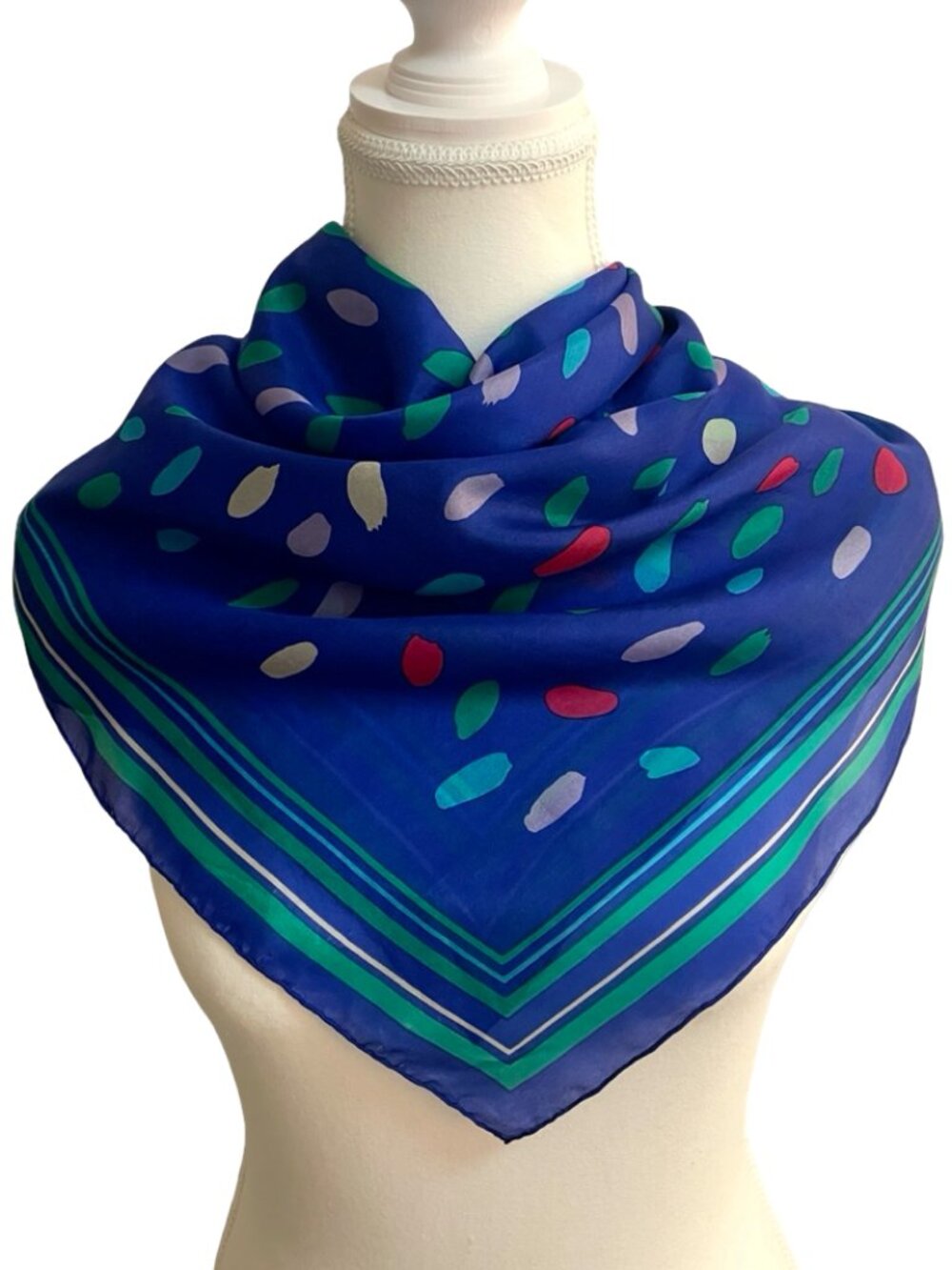 Vintage Silk Feel Abstract Dot Scarf Blue Green Red Square Scarf 29 x 28